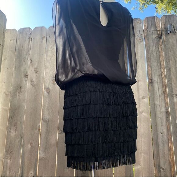 Aidan By Aidan Mattox Fringe Detail Chiffon Blouson Dress in black size 2 - Picture 9 of 15